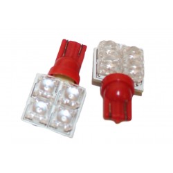 Coppia 2 Lampade Led T10 Con 4 Led F5 Flux Laterale Colore Rosso Red 12V 0,2W