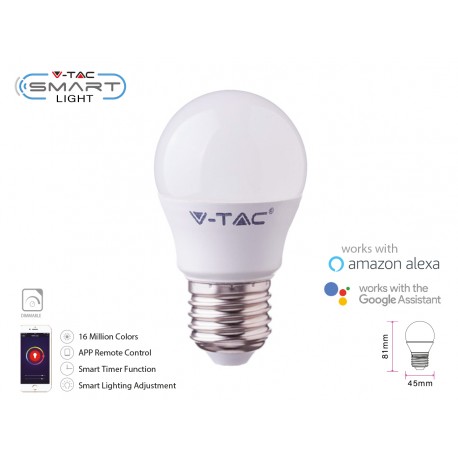V-TAC Smart Lampada Led Bulb E27 G45 4,5W WiFi RGB CCT Dimmerabile APP Compatible Amazon Alexa Google Home SKU-2755