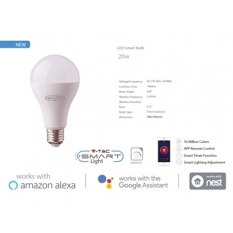 V-TAC Smart WiFi Bulb Lampada Led E27 A95 18W RGB CCT Dimmerabile APP Compatible Amazon Alexa Google Home SKU-7470