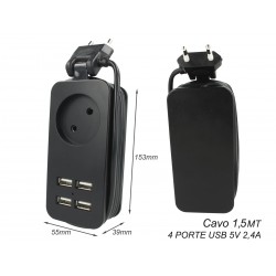 Multipresa Ciabatta Elettrica Caricabatterie 4 Porte USB 5V 2,4A Fast Charge 1 Posto 2P 10A Cavo 1,5 Metri Nero
