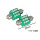 Coppia 2 Lampade Led T11 C5W Siluro 32mm Quadrato Con 9 Led F3 Colore Verde Green 12V 0,2W