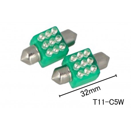 Coppia 2 Lampade Led T11 C5W Siluro 32mm Quadrato Con 9 Led F3 Colore Verde Green 12V 0,2W