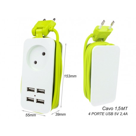 Multipresa Ciabatta Elettrica Caricabatterie 4 Porte USB 5V 2,4A Fast Charge 1 Posto 2P 10A Cavo 1,5 Metri Bianco