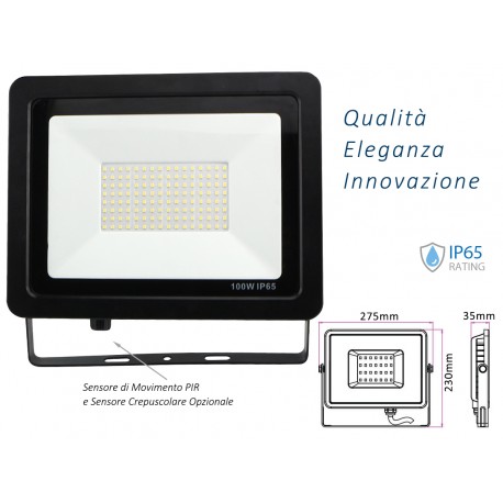 Faro Led Flood Light Slim 100W IP65 Bianco Neutro Carcassa Nera Sensore PIR Opzionale CL1918