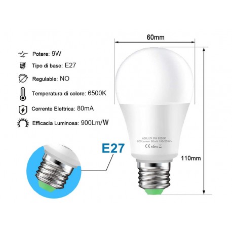 Lampada A Led E27 Con Sensore Crepuscolare 9W 900 Lumen A60 Day Night Sensor