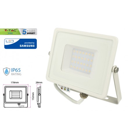 Faro Led Flood Light 30W IP65 Bianco Caldo Super Slim Carcassa Bianca Chip Samsung Garanzia 5 Anni SKU-403