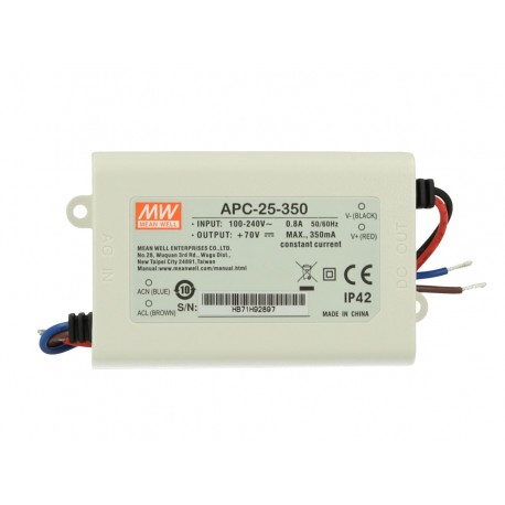 Led Driver CC MeanWell APC-25-350 Trasformatore 350mA 25V-70V DC 25W Corrente Costante IP42