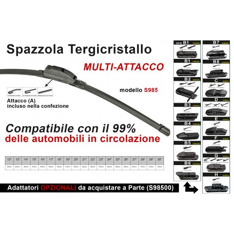 Spazzola Tergicristallo Auto Universale S985 23'' 575mm Carall 16 Attacchi Opzionale