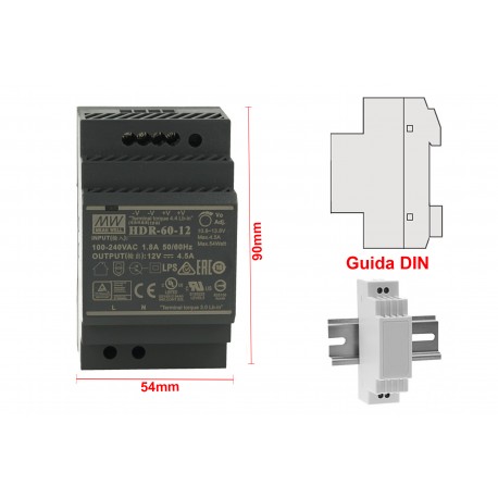 MeanWell HDR-60-12 Trasformatore Rotaia Industriale 12V 54W Barra Guida DIN Rail Power Supply Universale