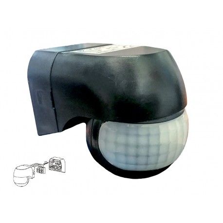 Sensore di Movimento a Infrarossi e Crepuscolare Montaggio a Parete Muro Carcassa Nera Testa Orientabile 180 Gradi IP44 SKU-5089