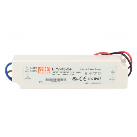 Alimentatore Trasformatore CV MeanWell Impermeabile IP67 24V 35W 1,5A LPV-35-24