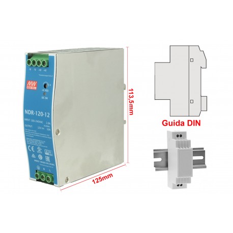 MeanWell NDR-120-12 Trasformatore Rotaia Industriale 12V 120W 10A Barra Guida DIN Rail Power Supply Universale